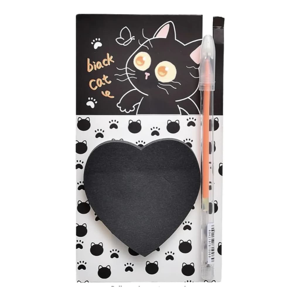 Bloco Adesivo De Notas Anotação Papel Preto Coração Black Cat + Caneta Gel | Kit Papelaria Fofa