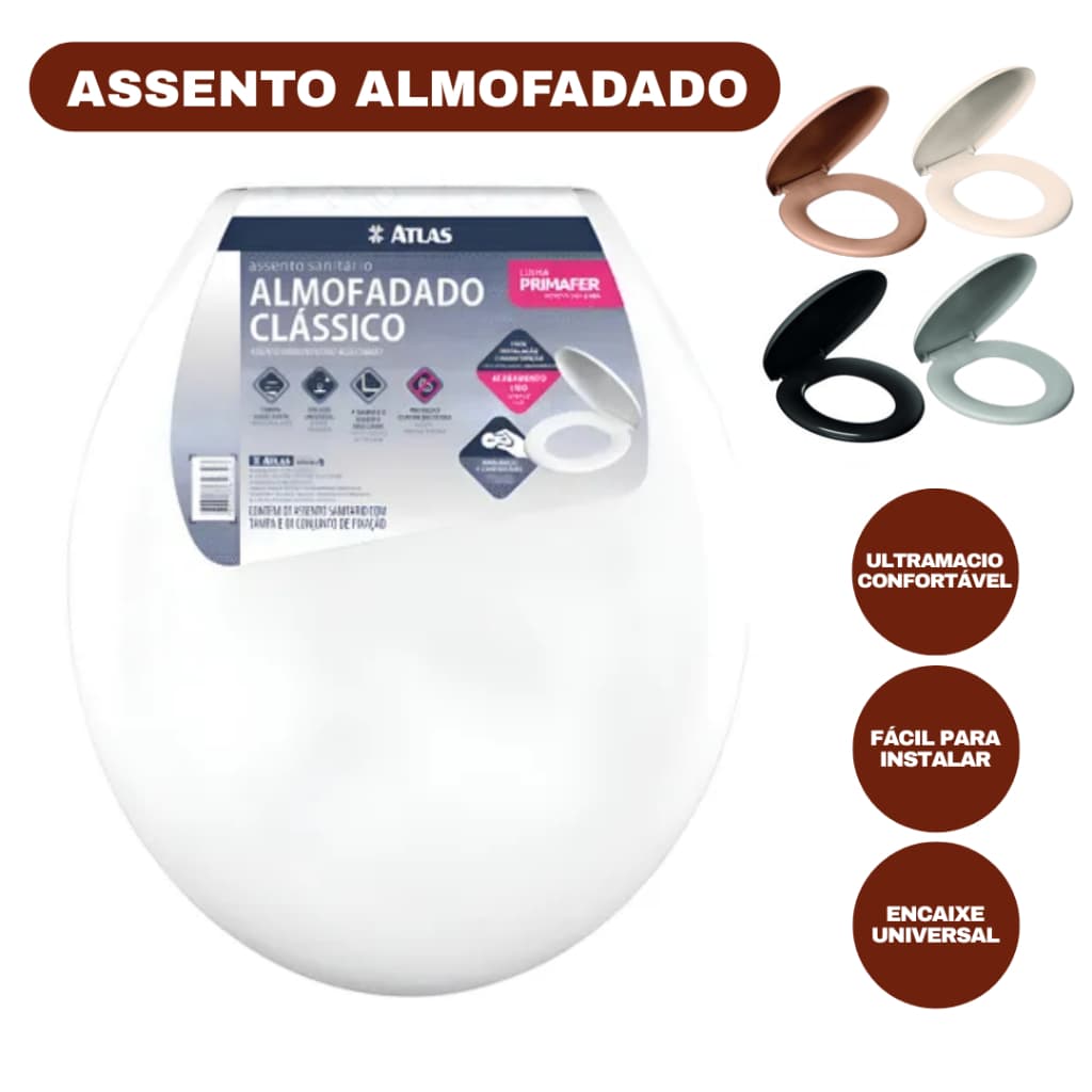 Assento Sanitário Almofadado Classico + Kit Para Fixação Várias Cores - Atlas Original