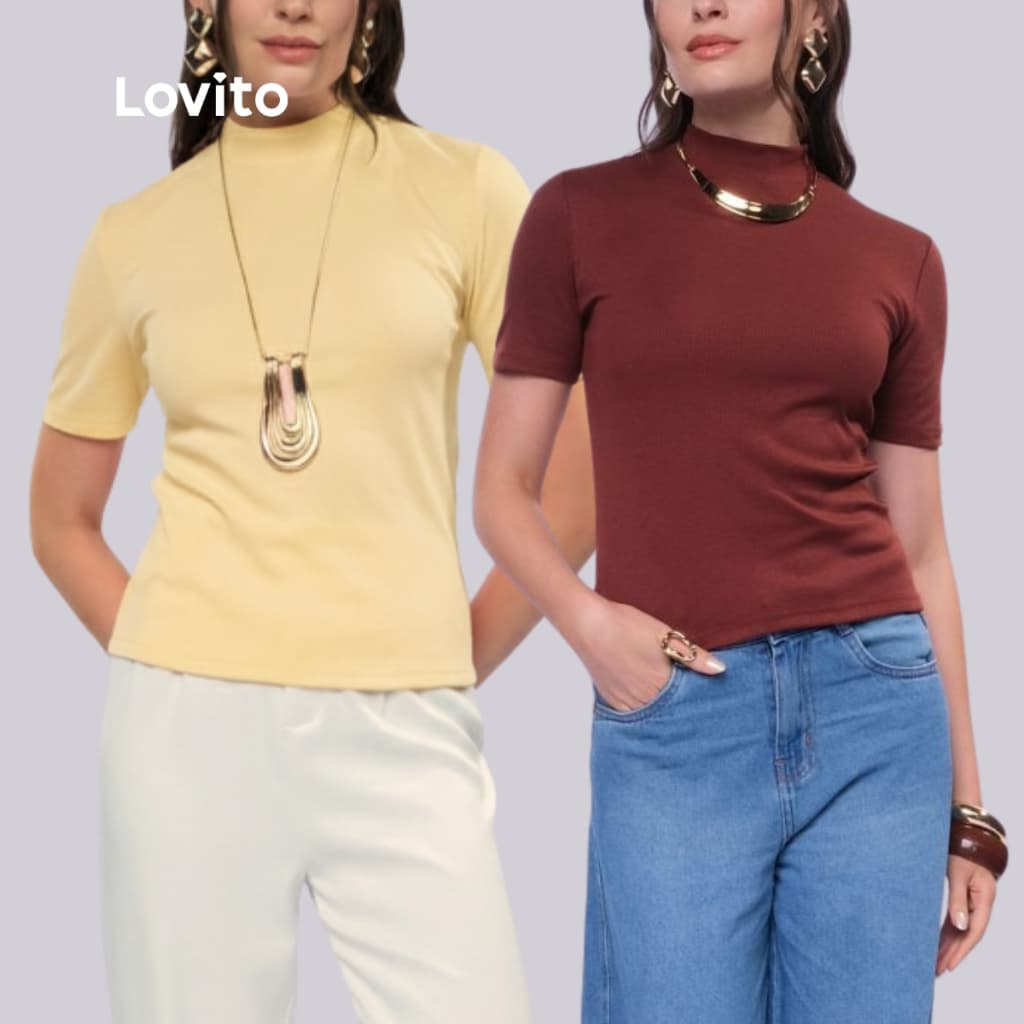 Lovito Kit 2 Blusas Gola Alta Manga Curta Moda Basica Feminina BRTEB1312BRL1342