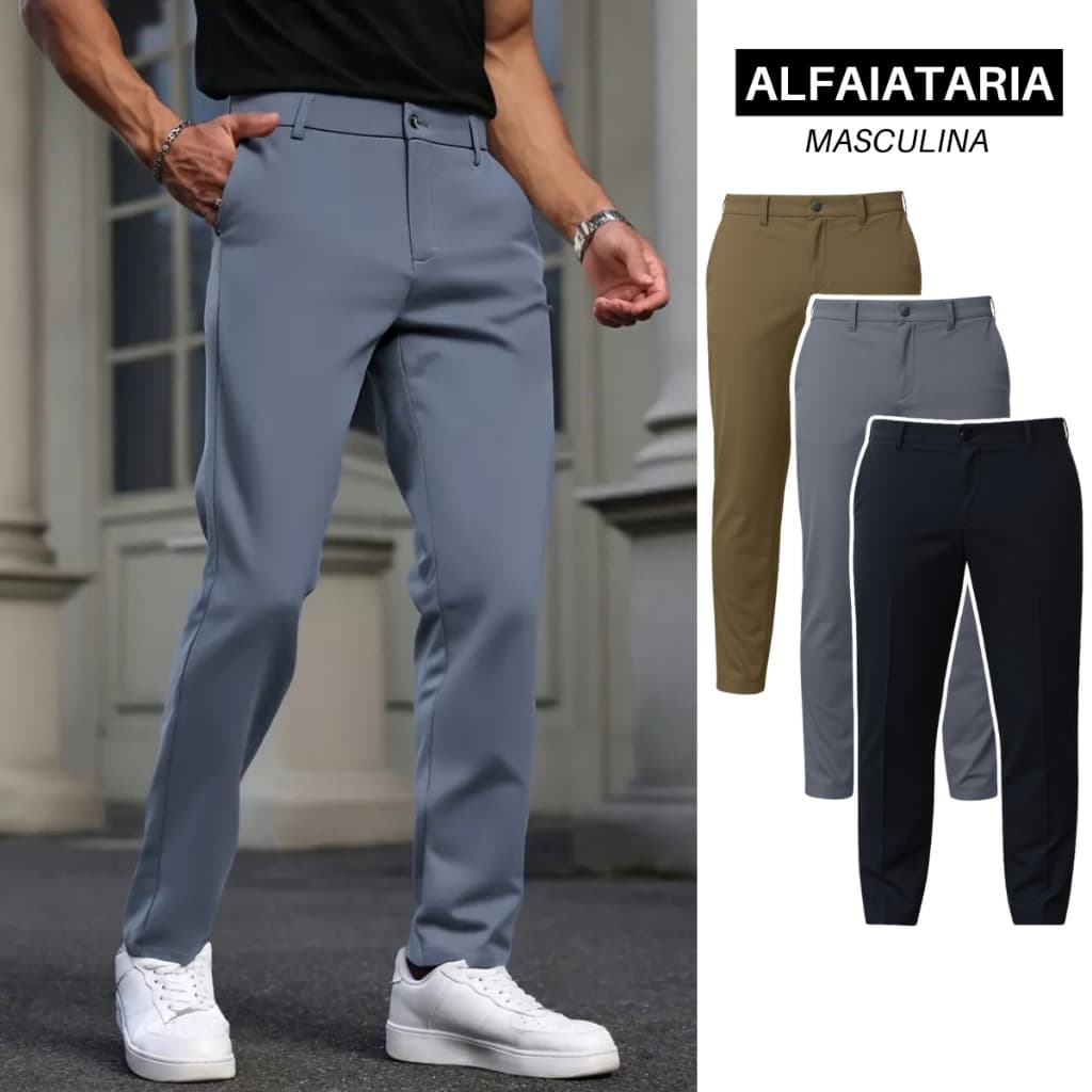 Calça Masculina Sport Fino Alfaiataria Social Preta Slim Com Bolso Embutido Elastano