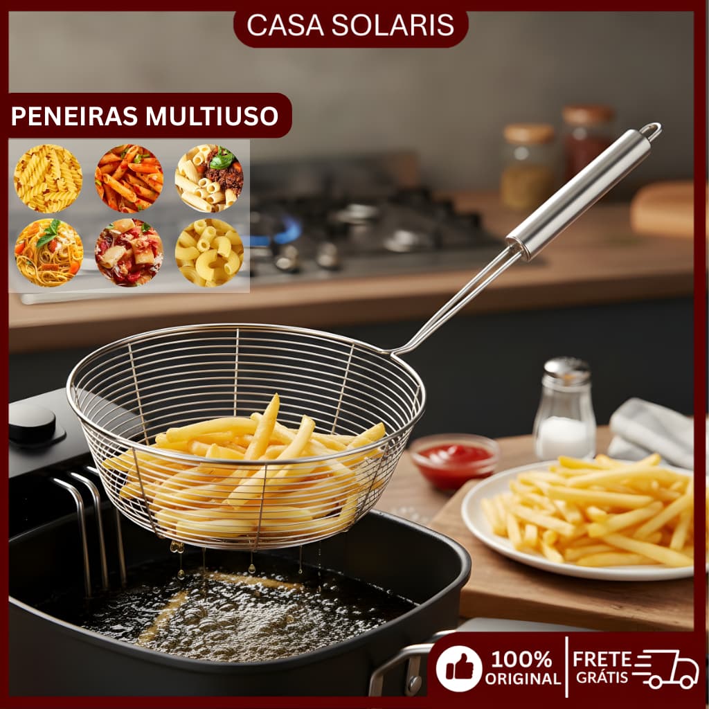 Peneiras Aço Inox Peneira Cesto Escumadeira De Fritura,escumadeira Inox Vazada Fritura Batata Pastel