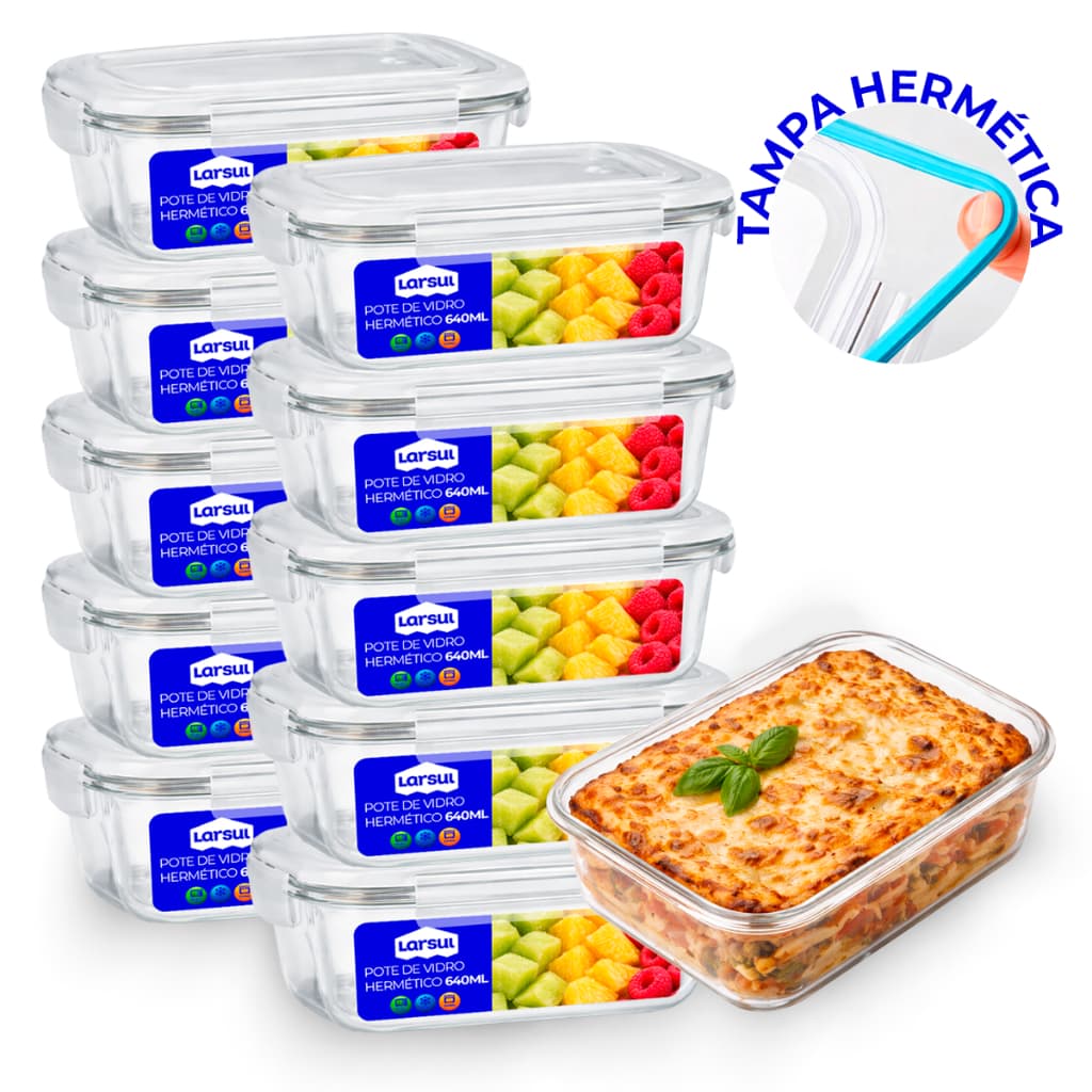 Conjunto 5/10 Potes 640ml Vidro Hermético Mantimentos Marmita Fitness