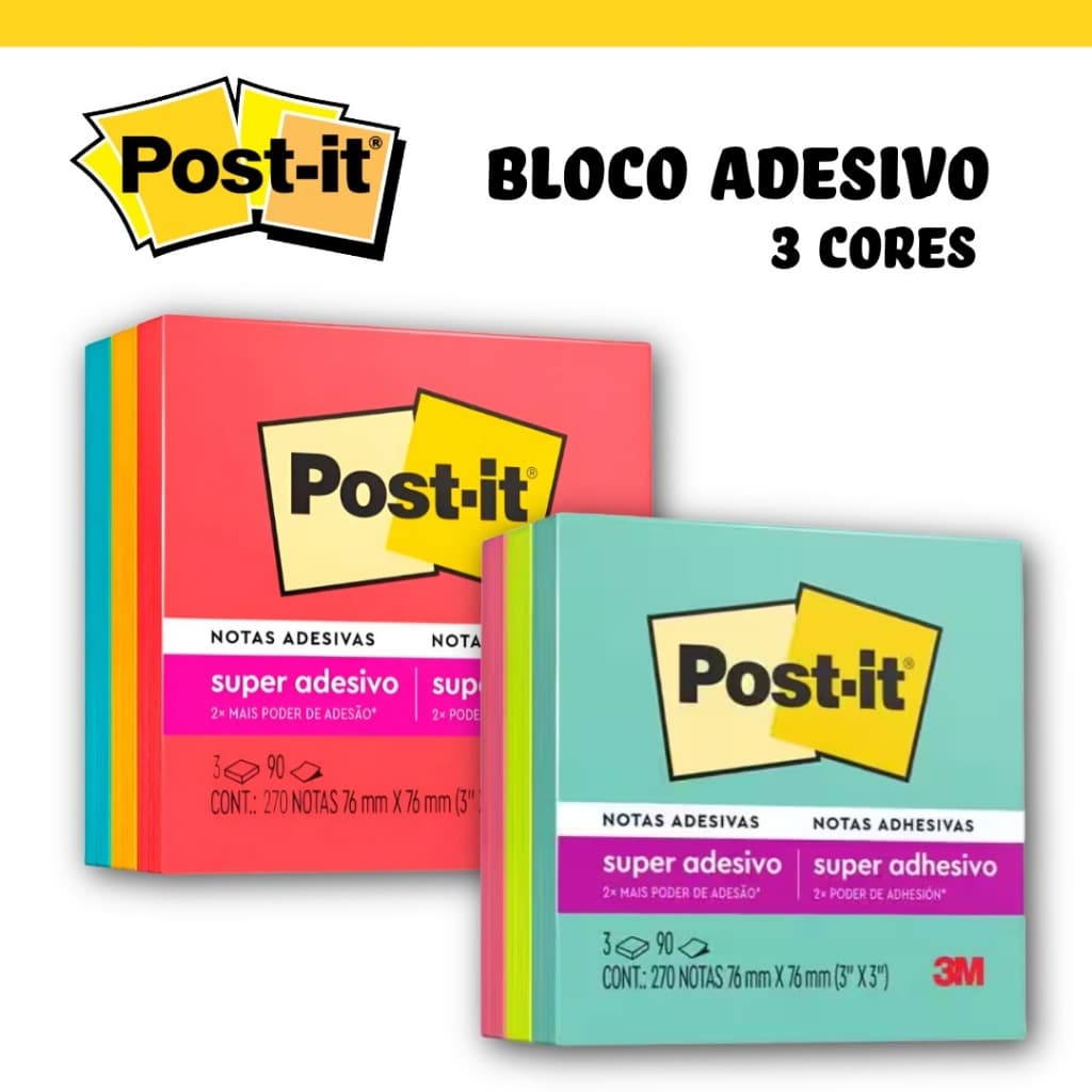 Bloco Adesico Post-It 3 Blocos Coloridos 76x76mm 3M