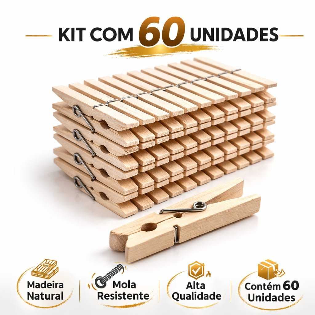 Prendedores de Roupas de Madeira Reforçados Kit com 60 Antideslizantes para Varal