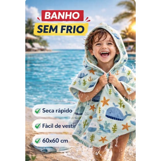 Toalha Banho Infantil Capuz | Poncho Roupão Secagem Rápida |60x60cm | Praia Sem Frio | Crianças Amam