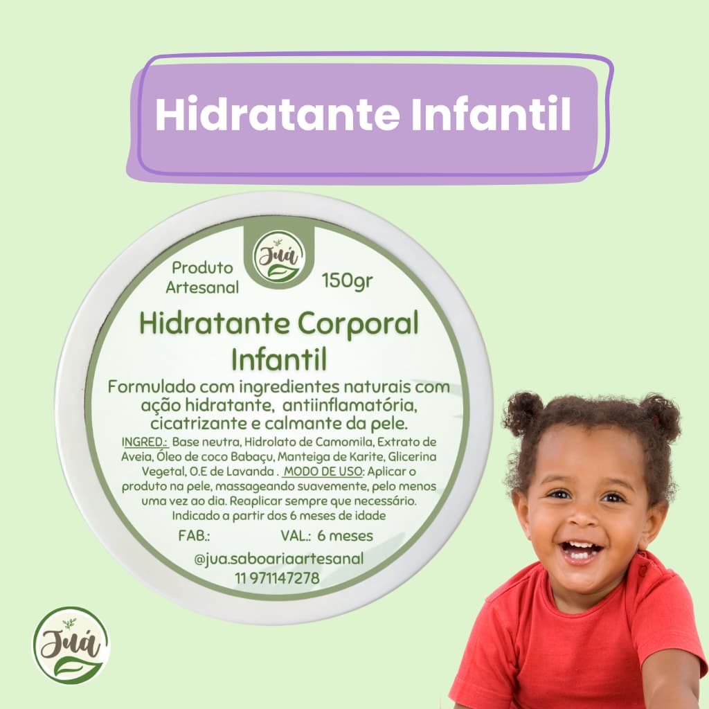 Hidratante Infantil Natural - Alergias Dermatite Eczema e pele sensível - com Camomila, Lavanda e Aveia