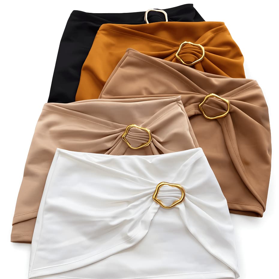 shorts saia feminino neoprene cintura alta fivela dourada confortável elegante moda festa PP ao GG