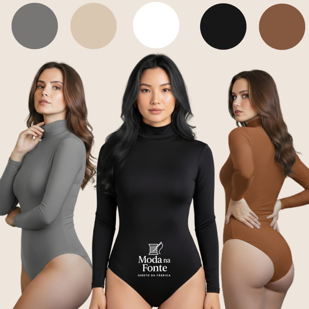 Body Feminino Gola Alta Manga Longa Suplex Cacharrel Segunda Pele Confortável Tecido Premium