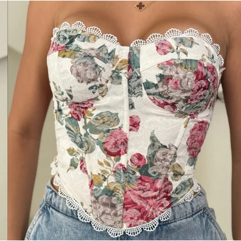 Corset  Floral Tomara que Caia com Bojo e Amarração Traseira