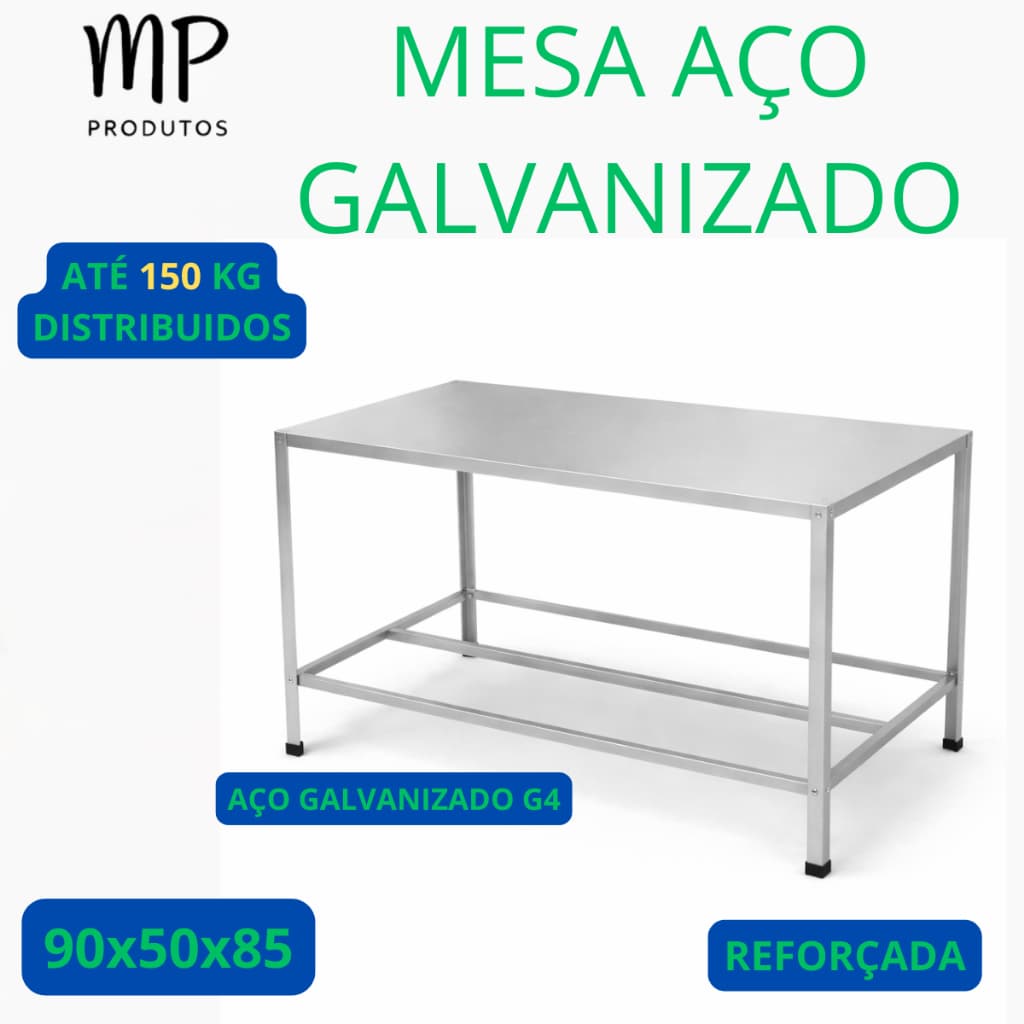 Mesa Aço 100% Galvanizado G4 Industrial 90x50x85 - Base Reforçada Ideal para Cozinha , Restaurantes