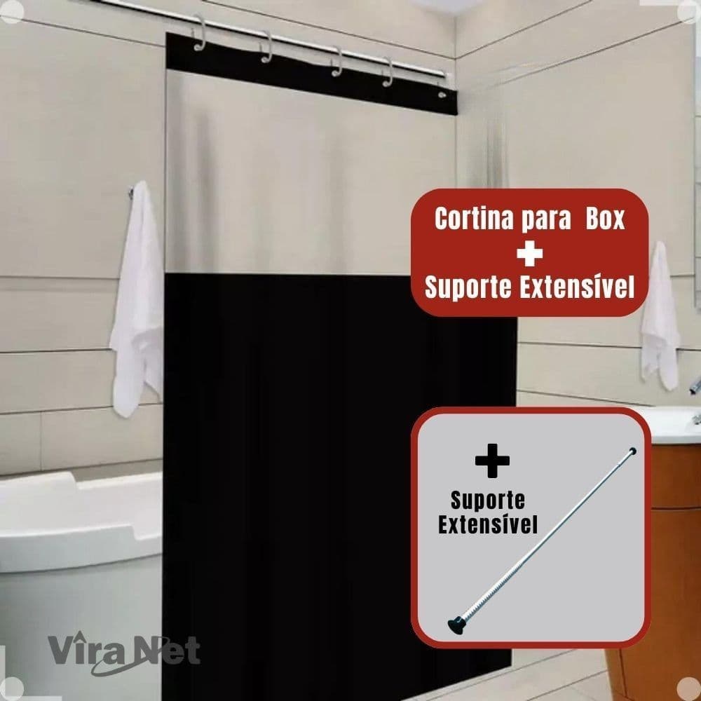 Kit Cortina Box Banheiro com Visor  Antimofo Acompanha Ganchos + Suporte (varão)