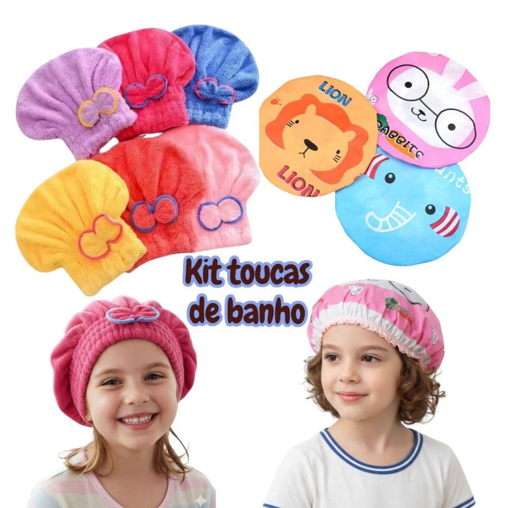 Kit Touca Toalha Magica Seca Cabelo Kids + Touca de Banho Plástica Infantil Elástico Reforçado Impermeáveis