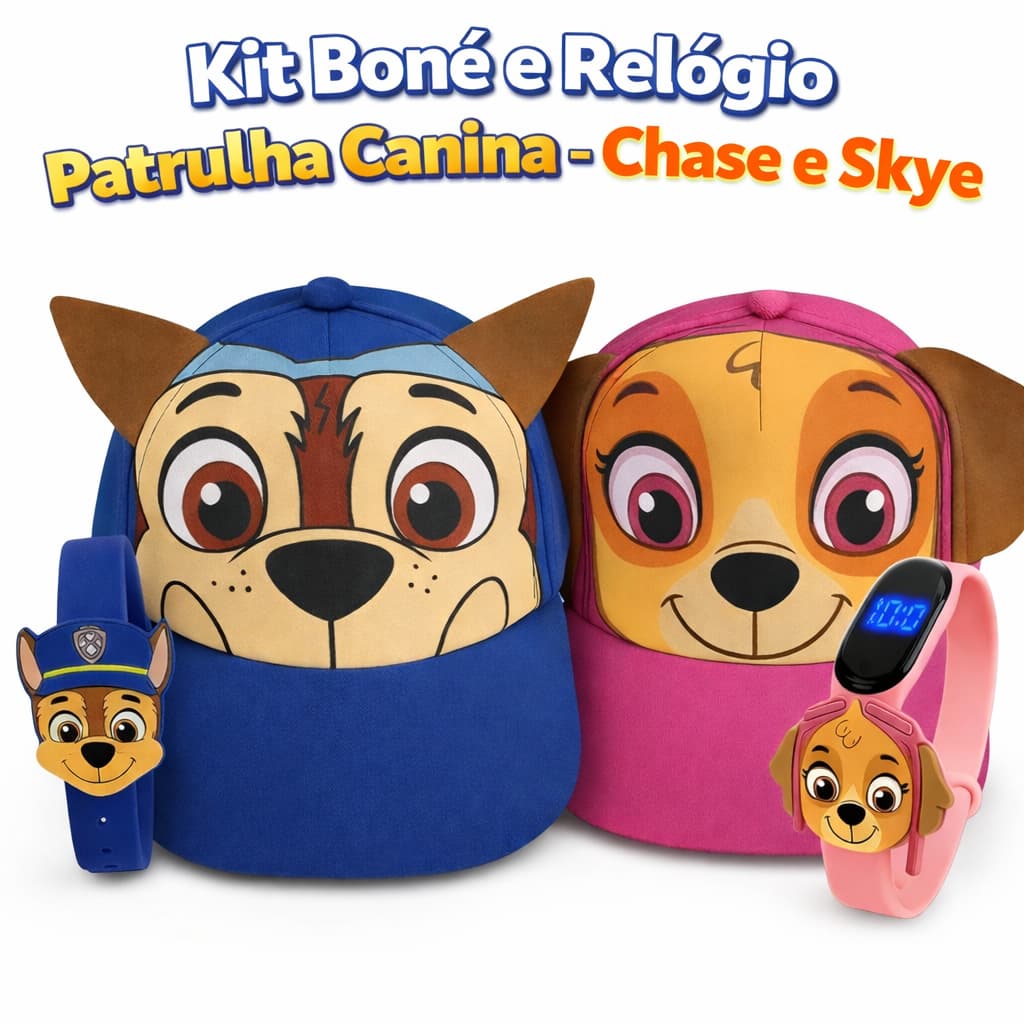 Kit Patrulha Canina Infantil Boné + Relógio Digital À Prova D’Água Chase ou Skye