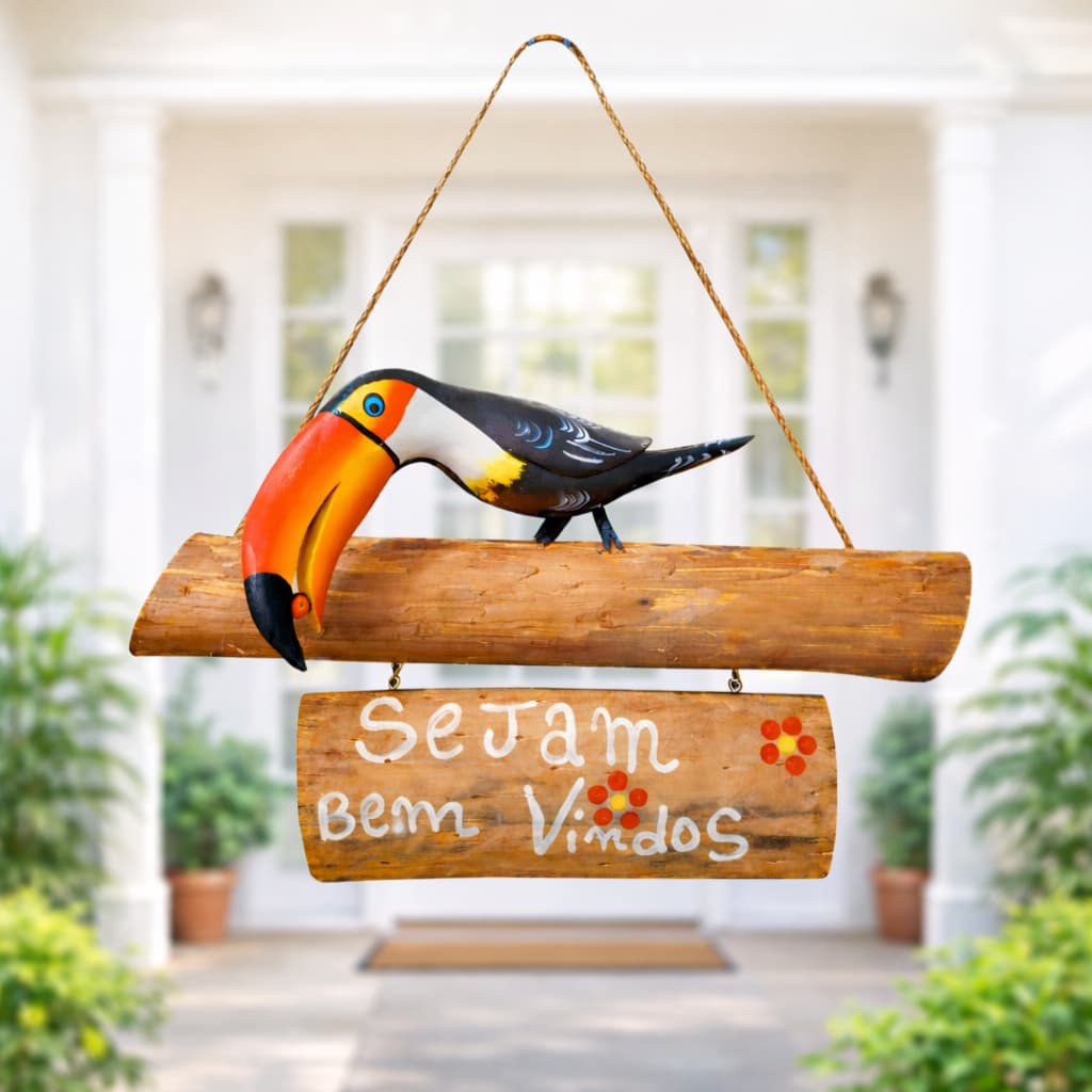 Tucano Decorativo em Madeira com Placa Bem-Vindos para Jardim e Entrada