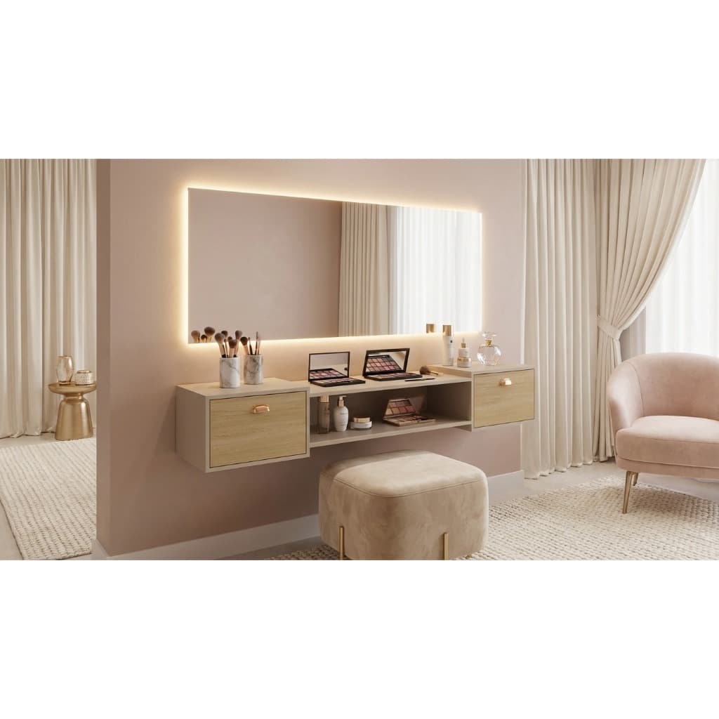 Penteadeira Suspensa Make Up COM OU SEM Espelho, Gaveta, Nicho, Divisória, Puxador Concha Dia dos Namorados