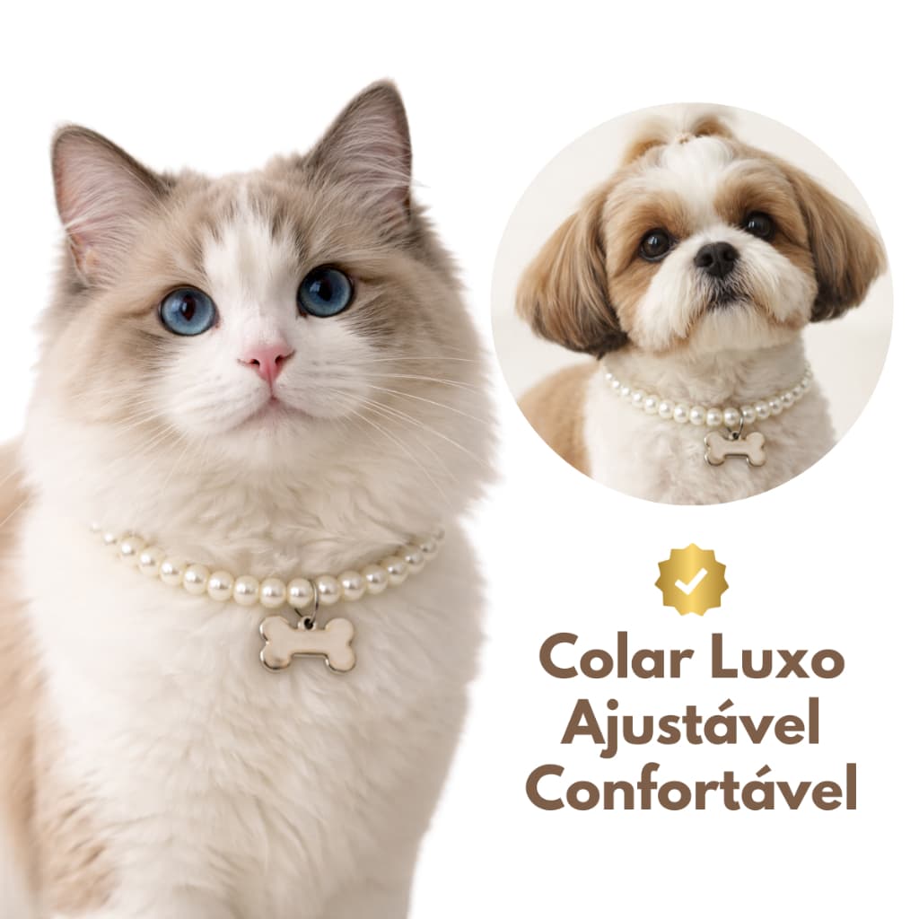 Colar Coleira Pet de Pérolas Ajustável para Cachorro e Gato
