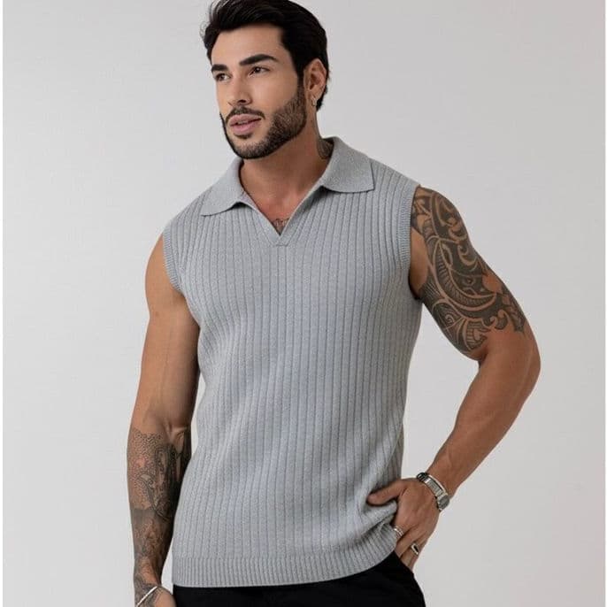 regata masculina sem manga gola polo tricot blusa verão primavera homens casual