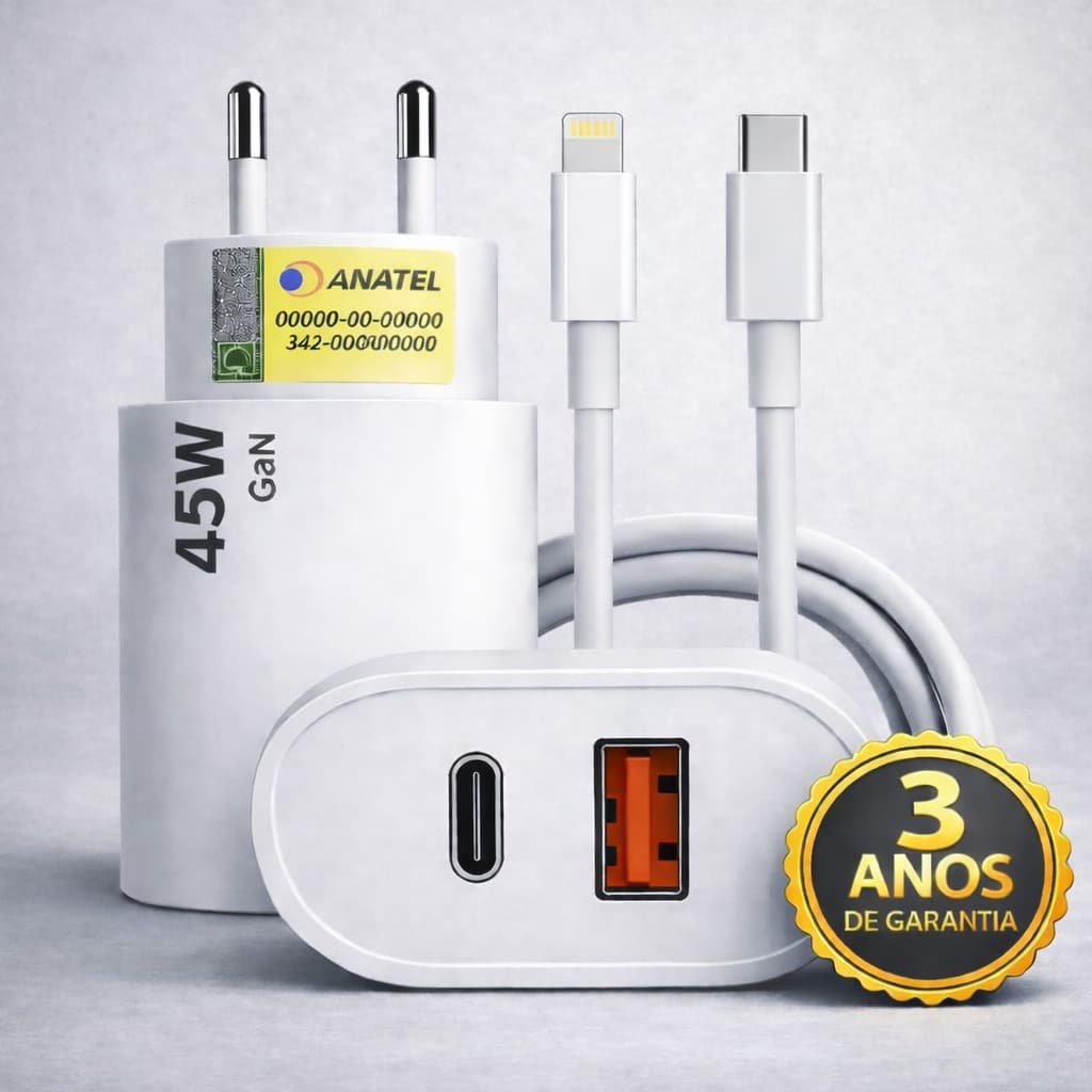 Carregador Turbo Duplo 45w Usb + Tipo C Qc 4.0 Pd 3.0 Rápido Bivolt Para iPhone 8 X Xr 11 12 13 14