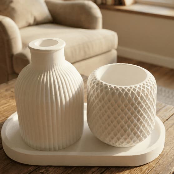 Kit 2 Vasos de Gesso Artesanal com Bandeja para Flores secas e Suculentas - Mesa - Casa e Escritório