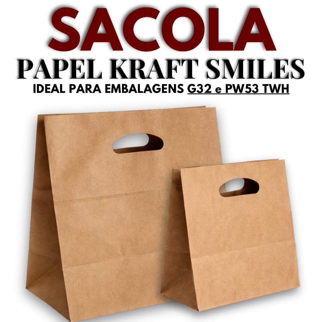 Sacola Kraft Natural 30x20x30cm GG Delivery Doces Bolos Confeitarias Docerias Smiles GG30