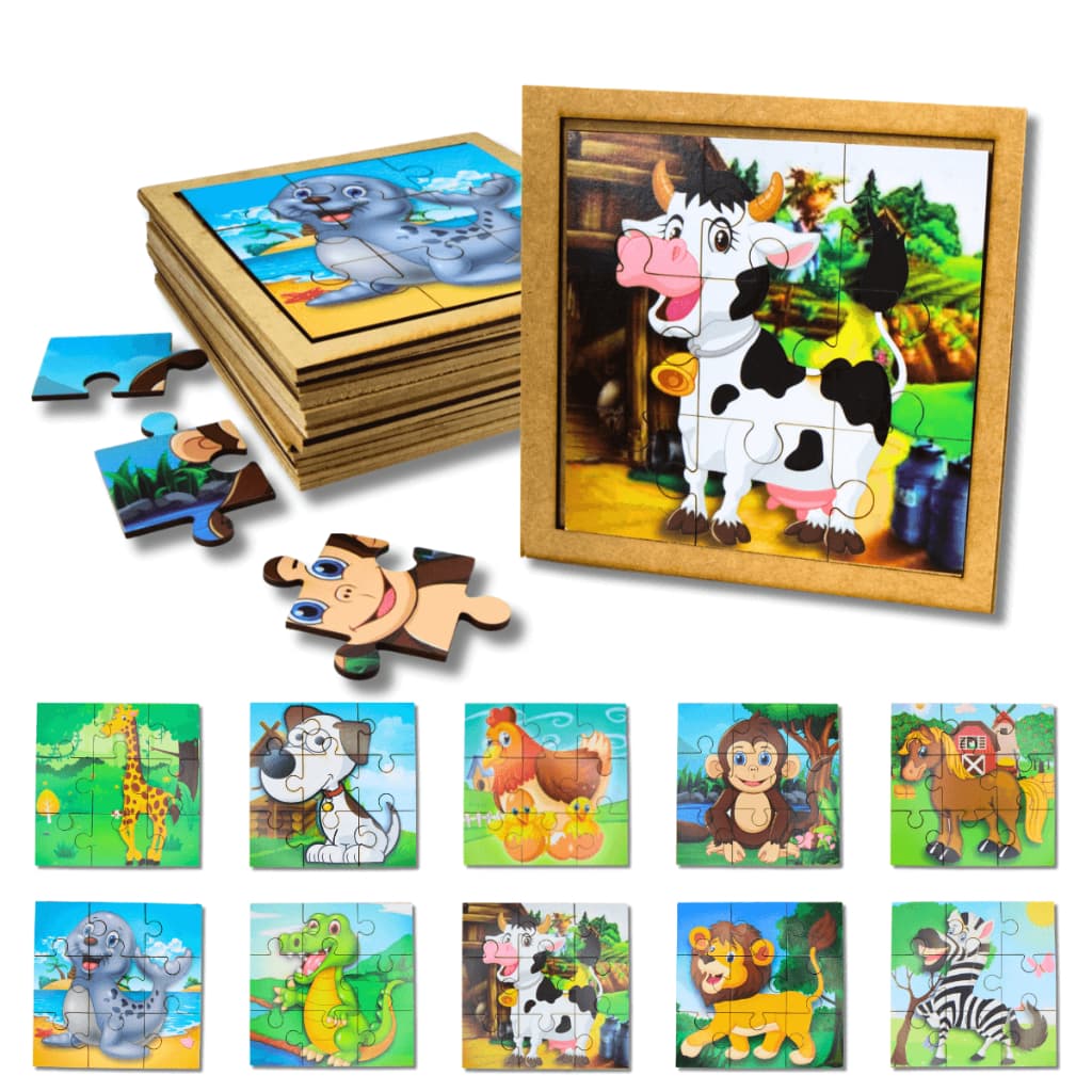 Kit 10 Quebra Cabeças Infantil Animais Fazenda Safari Pedagógico Educativo em Madeira Mdf