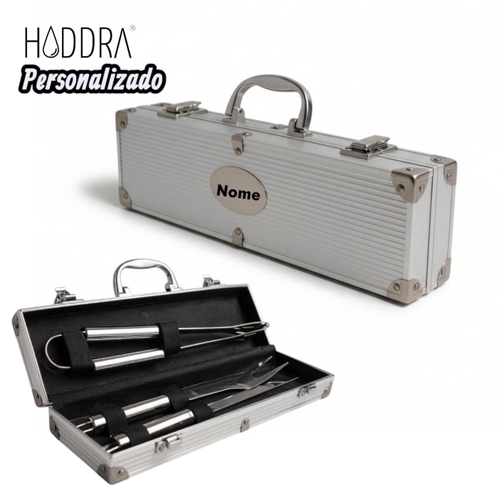 Kit Churrasco Personalizado com Nome Maleta Inox 3 Peças Presente Dia dos Pais e Brindes