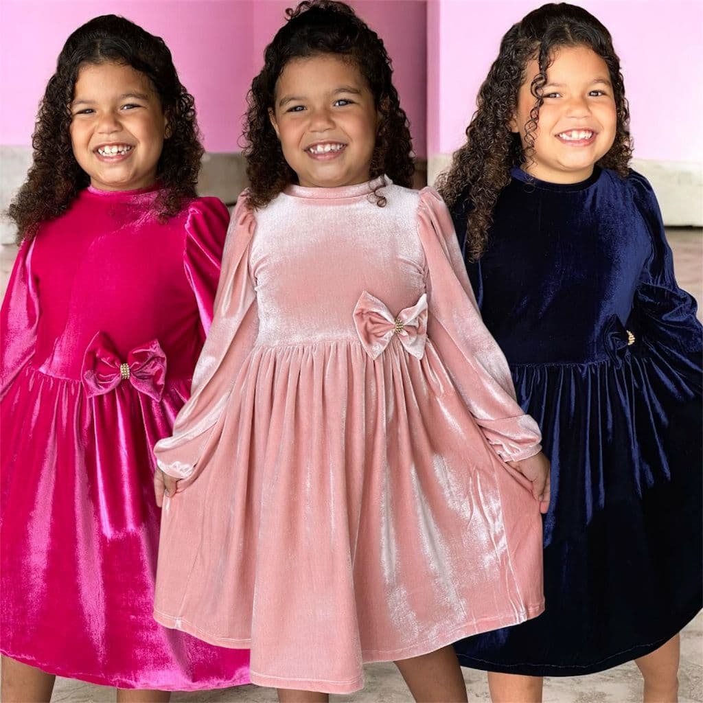 VESTIDO INFANTIL MENINA MANGA LONGA  INVERNO VELUDO PLUSH LUXO PERFEITO PARA FESTAS, IGREJAS  ROUPAS DE INVERNO