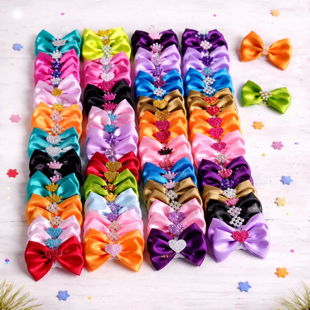 KIT 10/20/30 LAÇO CETIM PET CACHORRO E GATO CORES E DETALHES SORTIDOS ENVIO ALEATORIO NAO ESCOLHER BANHO E TOSA PETSHOP