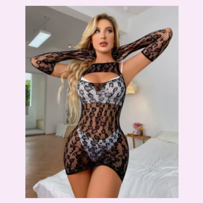 Vestido Sexy arrastão com Brilho Feminino Arrastão Renda  Manga Curta + Luva Sensual Pink Baby sexy 9000