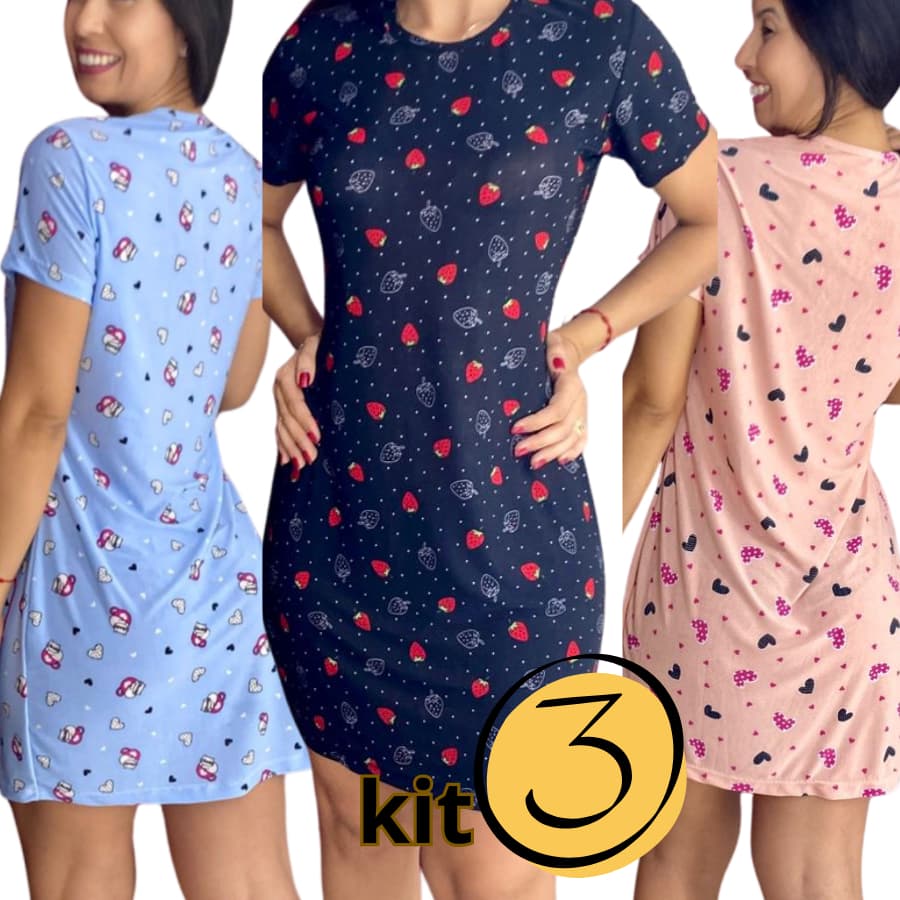Kit com 3 Camisola Feminina Manga Curta Liganete Estampados Vestidinho Confortável Basico dia a dia Plus Size