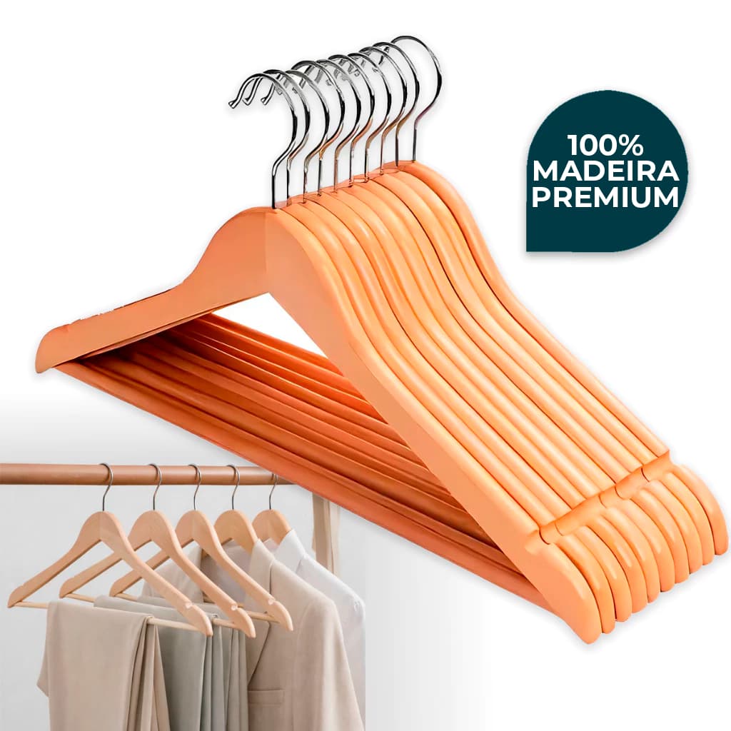 Kit 6/12/21/30 Cabides De Madeira Premium Marfim Para Roupas Calça Gancho Cromado