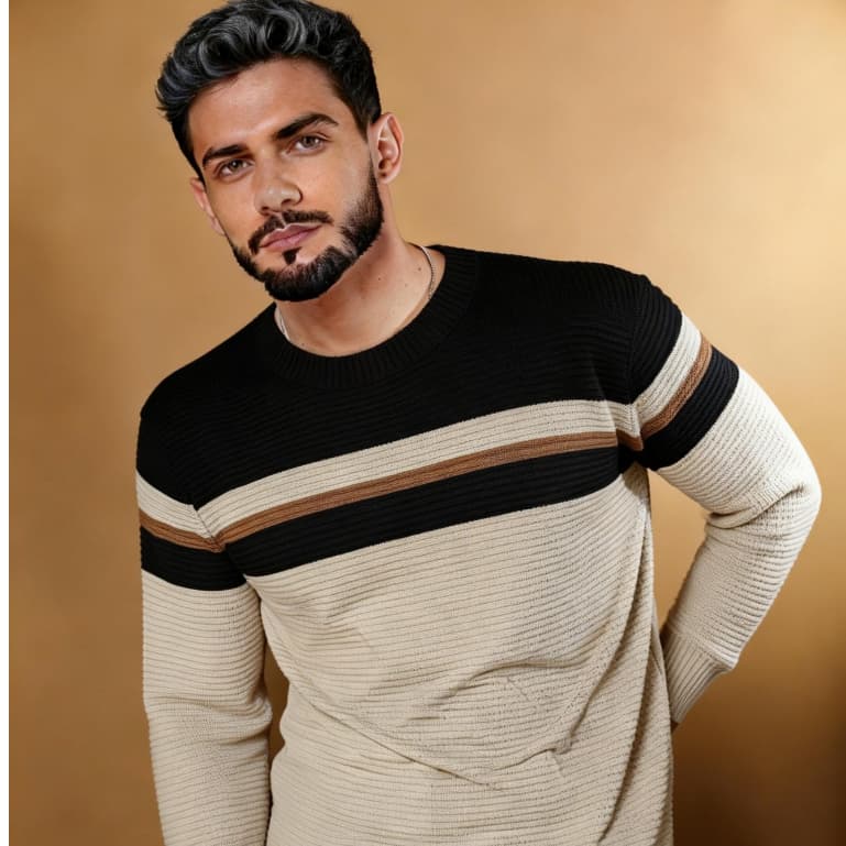 Suéter Tricot Masculino – Malha Lã Gola Redonda Manga Longa Básico e Confortável Inverno