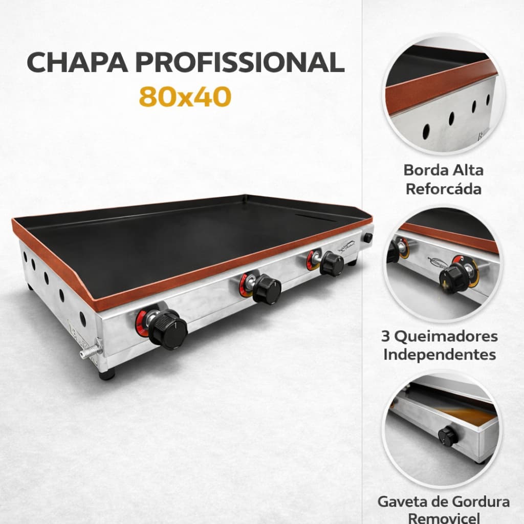Chapa De Lanche Hamburguer 80x40 Borda Alta Profissional Chapa Grande Para Lanches À Gás Chapeira