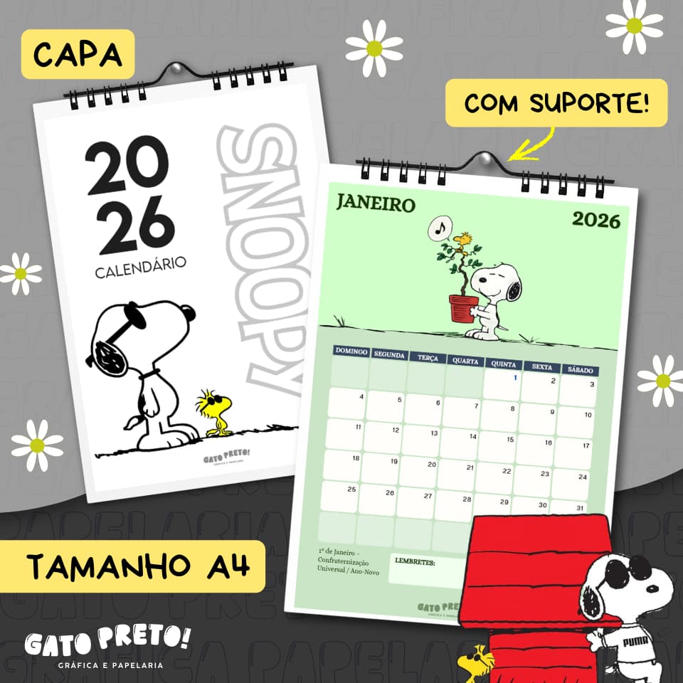 Calendário Snoopy Charlie Brown 2026 A4 parede Decorativo | Presente