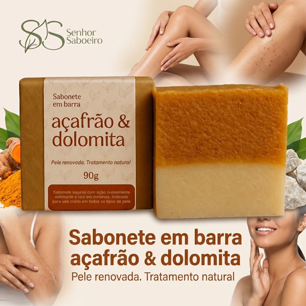 Sabonete Açafrão Dolomita Cúrcuma c/ Óleos Essenciais Artesanal Natural Senhor Saboeiro