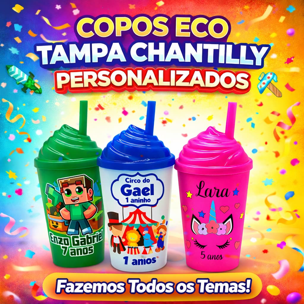 20 Copos Eco Personalizados Tampa Chantilly 300ml Festa Infantil, Aniversário, Lembrancinha Infantil