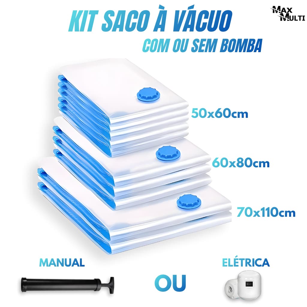 Kit Saco à Vácuo COM ou SEM Bomba Vários Tamanhos para Guarda Roupa Organização Mala Viagem Limpeza