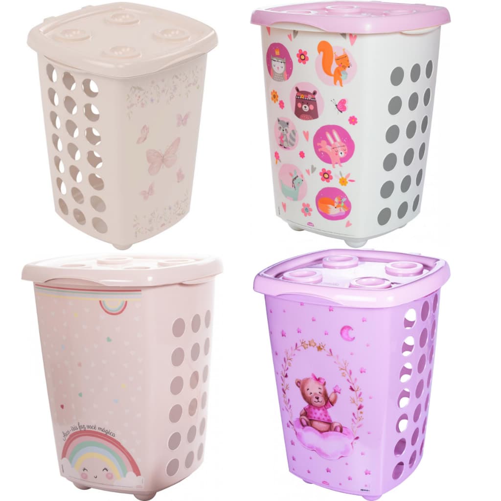 Cesto de Roupa com Tampa 38L Jardim Encantado, Arco Íris, Bichinhos e Urso Rosa Bebê Menina