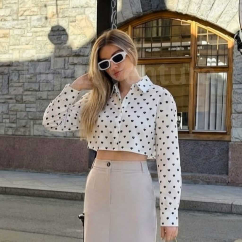 Blusa Feminina Camisa Social Cropped Feminina Manga Longa Coração