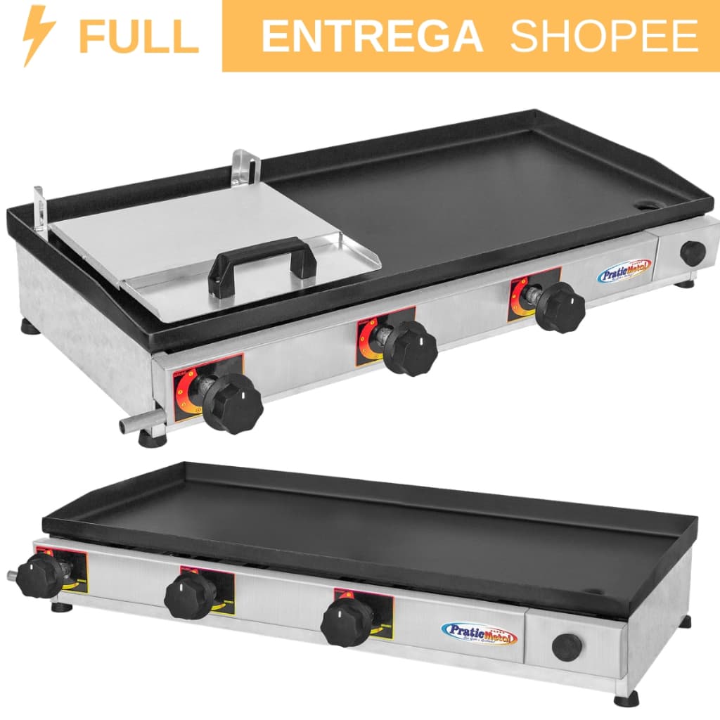 Chapa de Hamburguer Profissional A Gas 70x30 com 3 Queimadores Chapeira para Lanches Porções