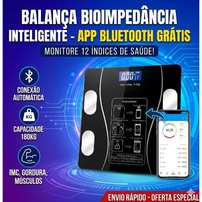 Balança Corporal Bioimpedância Inteligente Digital Aplicativo para Análise Corporal Medição de Gordura Peso Até 180kg