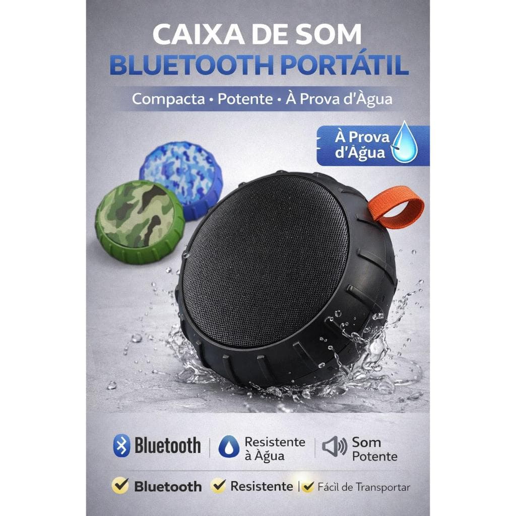 Caixa de Som Bluetooth Portátil 5W à Prova d’Água – com Gancho, USB, MP3 – Ideal p/ Banheiro, Praia e Viagem