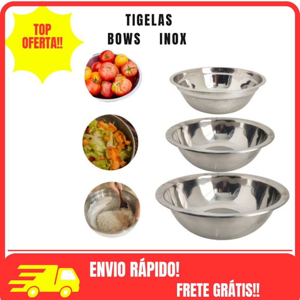 Kit 3 Tigela Bacia Bowl Redonda Aço Inox 18 a 26cm Saladeira Culinaria ConjuntoVasilha Multiuso Cozinha Gourmet Pote Pet