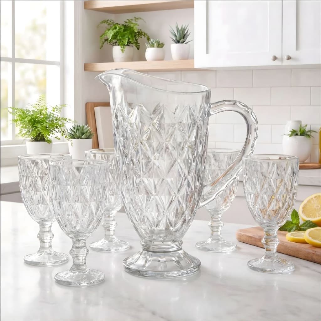 Kit De Jarra 1200ml Diamond + 06 Taças 340ml Diamond Suco Agua Transparente Luxo Possui Variações