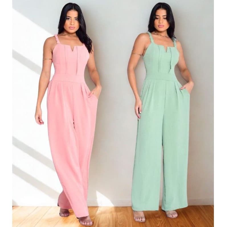 Macacão Longo Feminino Pantalona detalhe (V) na Frente com Bolsos lateral és