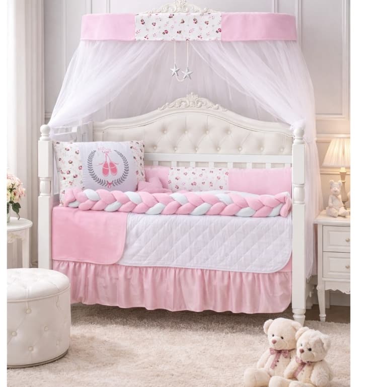 Kit Berço Pop 7 Peças Trança e Mosquiteiro Proteção Bebê Envio Imediato