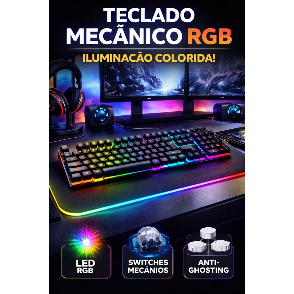 Teclado Gamer Semi-Mecânico USB Iluminação LED RGB Rainbow Anti-Ghosting Resistente a Agua ABNT2