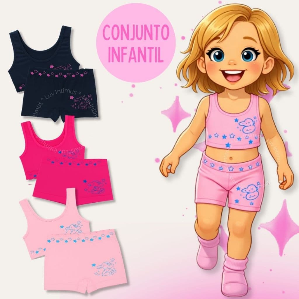 Kit 9,7 ou 5 Conjuntos Top + Calcinha Infantil Poliamida Premium Menina Confortável 4 a 10 Anos