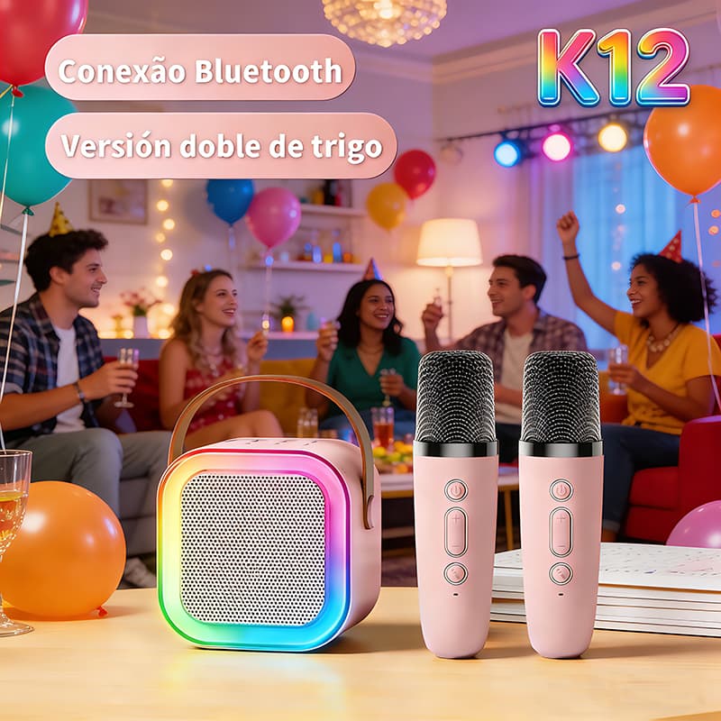 K12 Caixa de Som com 2 Microfones Sem Fio Portátil Infantil Alto-Falante Bluetooth Karaokê Para Encontros Familiares