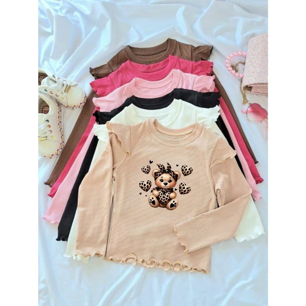 Blusa Infantil Urso Animal Print Menina Manga Longa Inverno Canelado Ribana DTF03